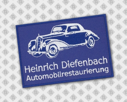 Eckiger Patch Aufnäher gestickt mit gesticktem Rand blau weiß Biker und Auto