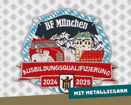 Konturgeschnittener Patch Aufnäher gestickt mit gesticktem Rand und metallic silber BF München Feuerwehr