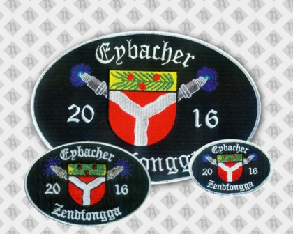 Patch Aufnäher oval gestickt schwarzer Hintergrund mit gesticktem Rand und Kettelrand