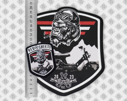 Gewebter Patch Aufnäher mit Kettelrand Wappenform Gorilla Motorrad groß und klein Biker