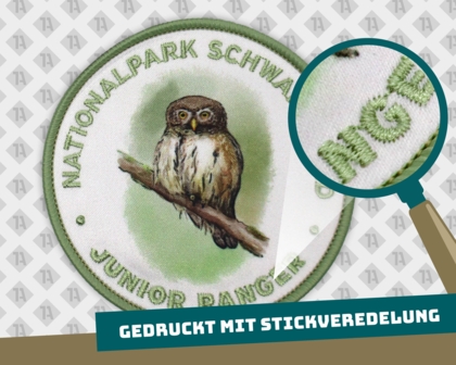 Patch Gedruckt+ Kettelrand Nationalpark Schwarzwald Eule fotorealistischer Druck Junior Ranger Aufnäher Abzeichen