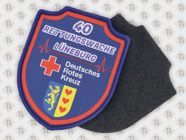Patch Aufnäher gewebt mit Kettelrand Konturschnitt und Klettfläche Rettugnsdienst Deutsches Rotes Kreuz