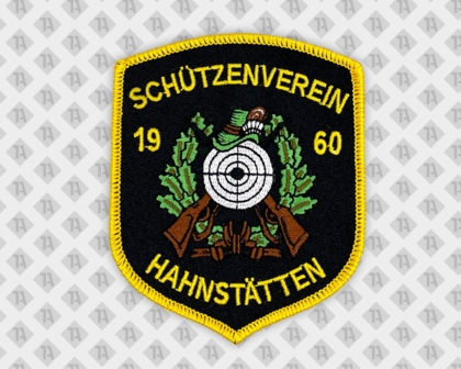 Konturgeschnittener Aufnäher Patch gestickt mit Kettelrand gelb schwarz grün Zielscheibe Wappen Schützenverein