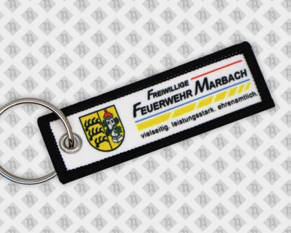 Schlüsselanhänger gedruckt mit Kettelrand Ring und Öse bunt Freiwillige Feuerwehr Marbach
